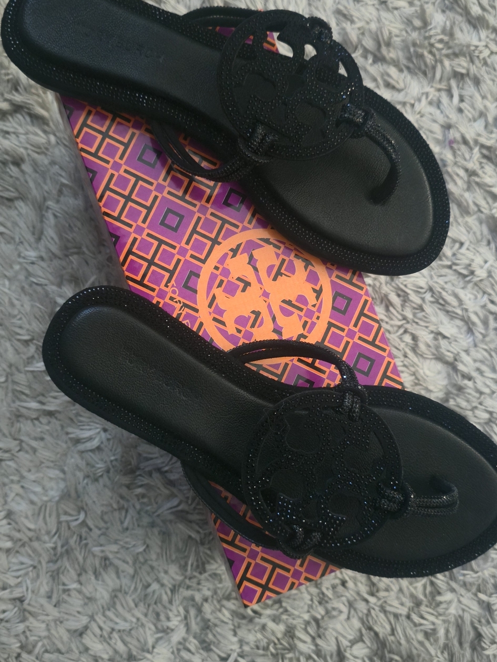Tory Burch Black Glitter Logo Thong Sandals